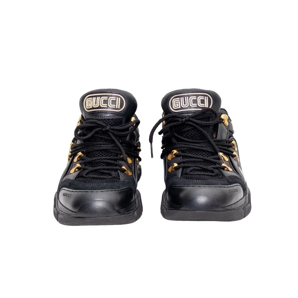 Gucci Flashtrek Chunky Sneakers Black Gold Mesh Leather Low Top Shoes (8.5 US)
